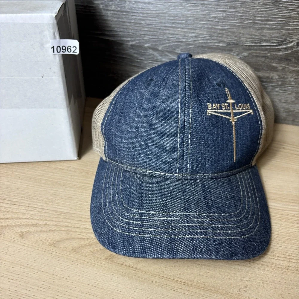 Bay St Louis Hat Cap Snap Back Blue Denim Tan Mesh Trucker Embroidered Mens